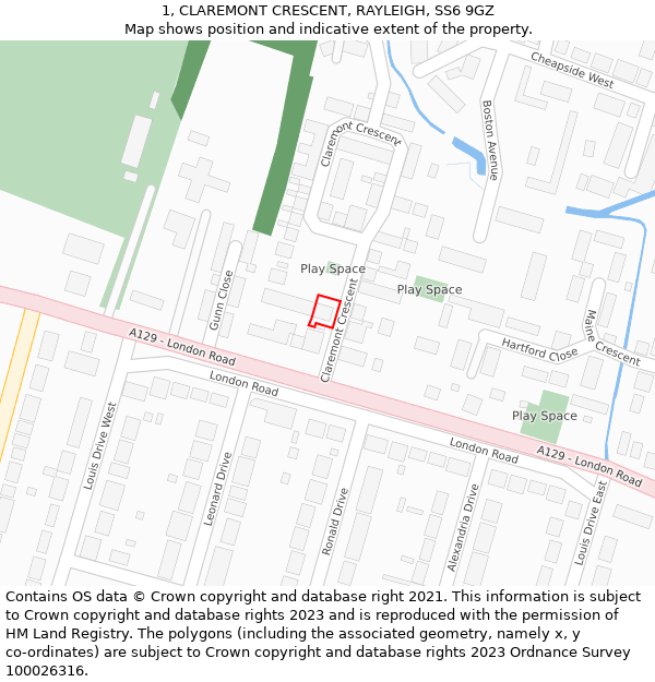 1, CLAREMONT CRESCENT, RAYLEIGH, SS6 9GZ: Location map and indicative extent of plot