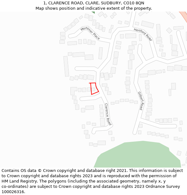 1, CLARENCE ROAD, CLARE, SUDBURY, CO10 8QN: Location map and indicative extent of plot