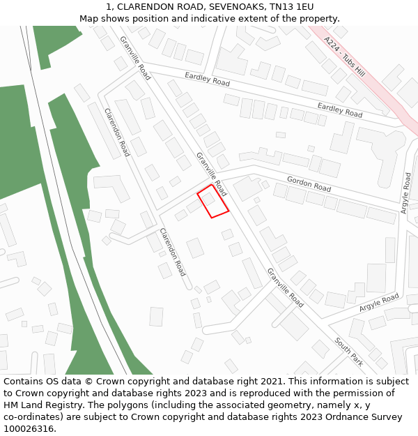 1, CLARENDON ROAD, SEVENOAKS, TN13 1EU: Location map and indicative extent of plot