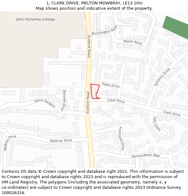 1, CLARK DRIVE, MELTON MOWBRAY, LE13 1HU: Location map and indicative extent of plot