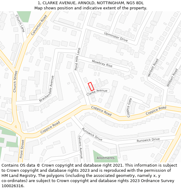 1, CLARKE AVENUE, ARNOLD, NOTTINGHAM, NG5 8DL: Location map and indicative extent of plot