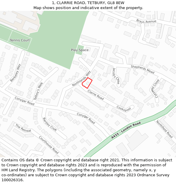 1, CLARRIE ROAD, TETBURY, GL8 8EW: Location map and indicative extent of plot