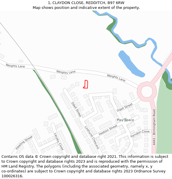 1, CLAYDON CLOSE, REDDITCH, B97 6RW: Location map and indicative extent of plot