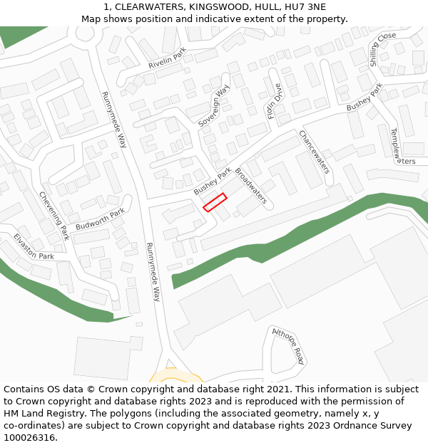 1, CLEARWATERS, KINGSWOOD, HULL, HU7 3NE: Location map and indicative extent of plot