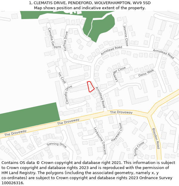 1, CLEMATIS DRIVE, PENDEFORD, WOLVERHAMPTON, WV9 5SD: Location map and indicative extent of plot