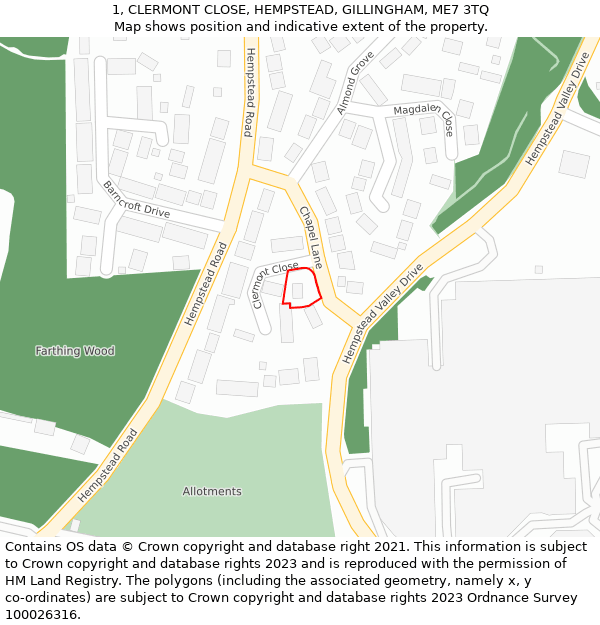 1, CLERMONT CLOSE, HEMPSTEAD, GILLINGHAM, ME7 3TQ: Location map and indicative extent of plot