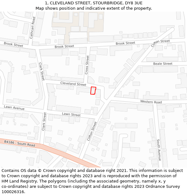 1, CLEVELAND STREET, STOURBRIDGE, DY8 3UE: Location map and indicative extent of plot