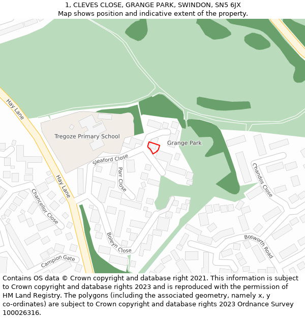 1, CLEVES CLOSE, GRANGE PARK, SWINDON, SN5 6JX: Location map and indicative extent of plot