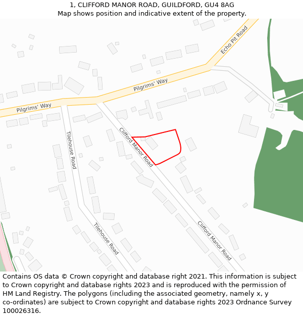 1, CLIFFORD MANOR ROAD, GUILDFORD, GU4 8AG: Location map and indicative extent of plot