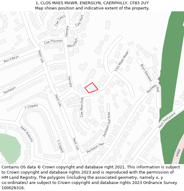 1, CLOS MAES MAWR, ENERGLYN, CAERPHILLY, CF83 2UY: Location map and indicative extent of plot