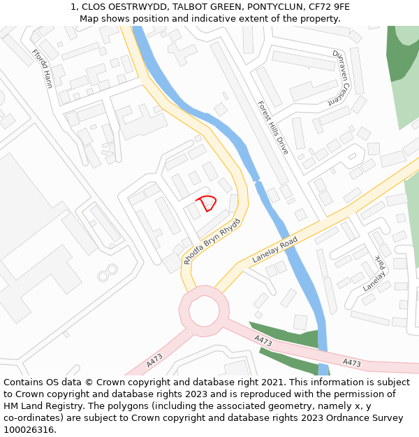 1, CLOS OESTRWYDD, TALBOT GREEN, PONTYCLUN, CF72 9FE: Location map and indicative extent of plot