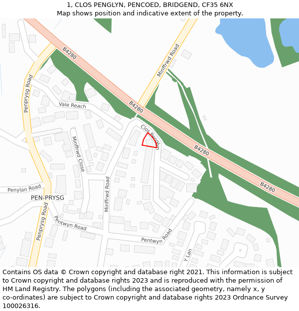 1, CLOS PENGLYN, PENCOED, BRIDGEND, CF35 6NX: Location map and indicative extent of plot