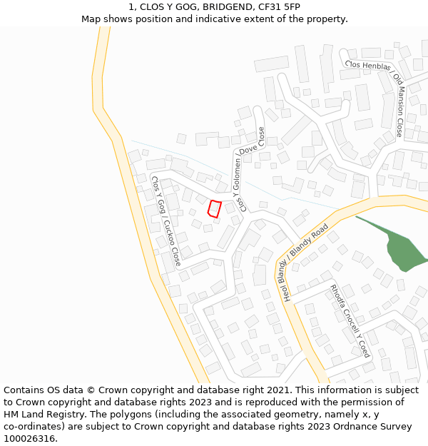 1, CLOS Y GOG, BRIDGEND, CF31 5FP: Location map and indicative extent of plot