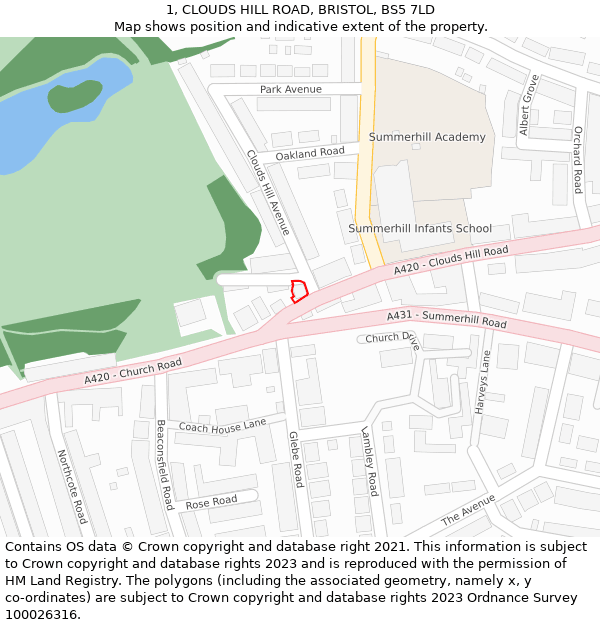 1, CLOUDS HILL ROAD, BRISTOL, BS5 7LD: Location map and indicative extent of plot