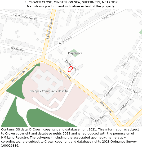1, CLOVER CLOSE, MINSTER ON SEA, SHEERNESS, ME12 3DZ: Location map and indicative extent of plot