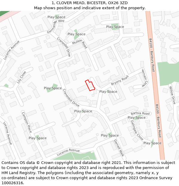 1, CLOVER MEAD, BICESTER, OX26 3ZD: Location map and indicative extent of plot