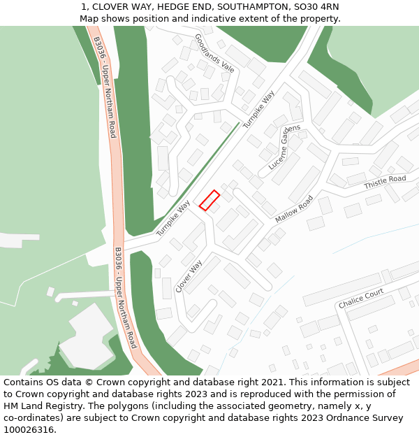 1, CLOVER WAY, HEDGE END, SOUTHAMPTON, SO30 4RN: Location map and indicative extent of plot