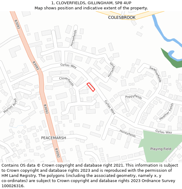 1, CLOVERFIELDS, GILLINGHAM, SP8 4UP: Location map and indicative extent of plot