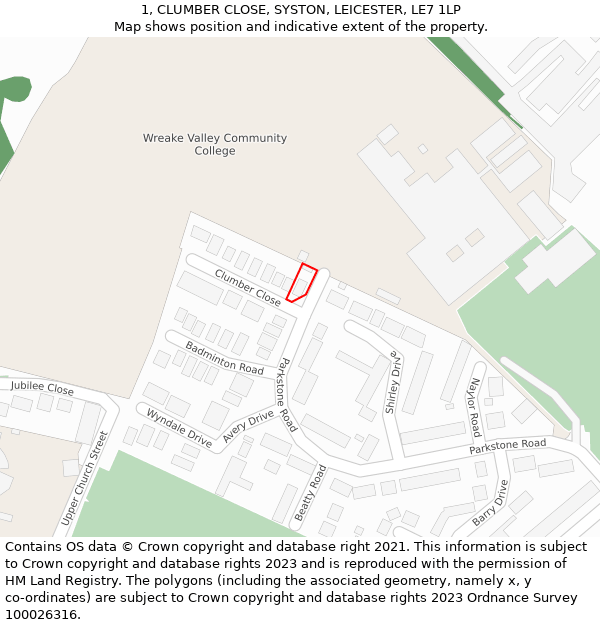 1, CLUMBER CLOSE, SYSTON, LEICESTER, LE7 1LP: Location map and indicative extent of plot