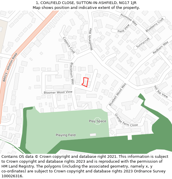 1, COALFIELD CLOSE, SUTTON-IN-ASHFIELD, NG17 1JR: Location map and indicative extent of plot