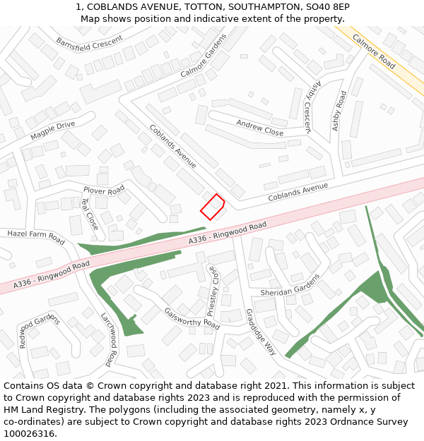 1, COBLANDS AVENUE, TOTTON, SOUTHAMPTON, SO40 8EP: Location map and indicative extent of plot