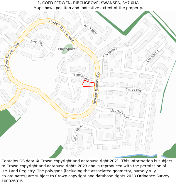 1, COED FEDWEN, BIRCHGROVE, SWANSEA, SA7 0HA: Location map and indicative extent of plot