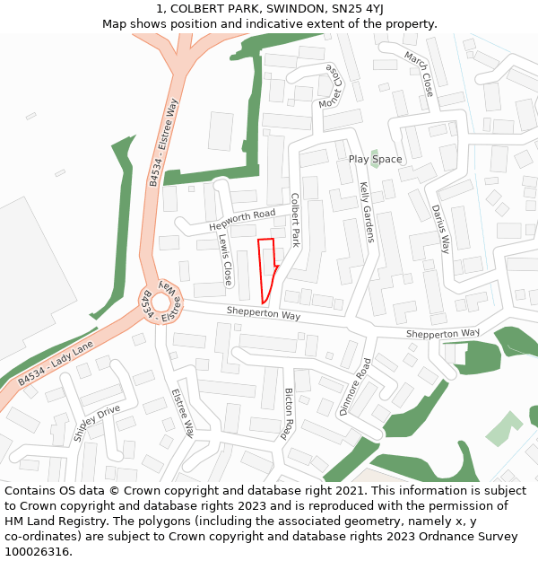 1, COLBERT PARK, SWINDON, SN25 4YJ: Location map and indicative extent of plot