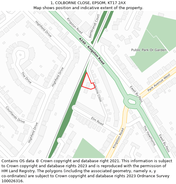 1, COLBORNE CLOSE, EPSOM, KT17 2AX: Location map and indicative extent of plot