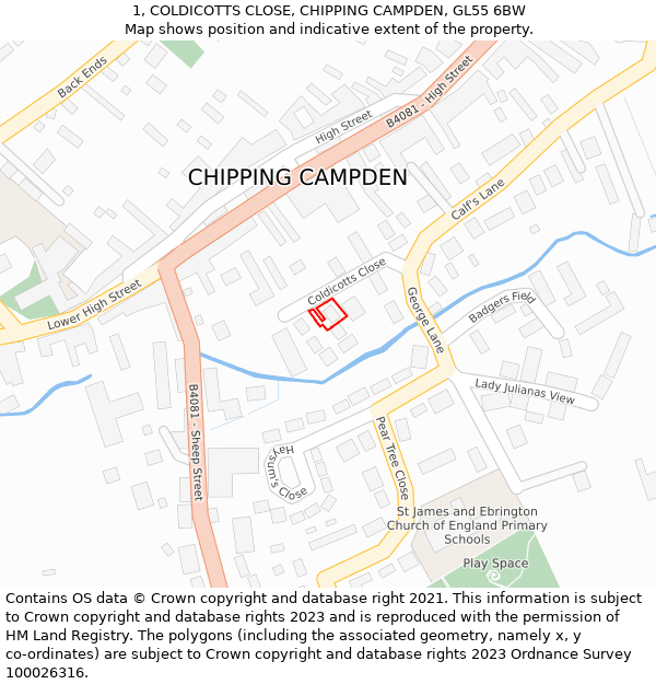 1, COLDICOTTS CLOSE, CHIPPING CAMPDEN, GL55 6BW: Location map and indicative extent of plot