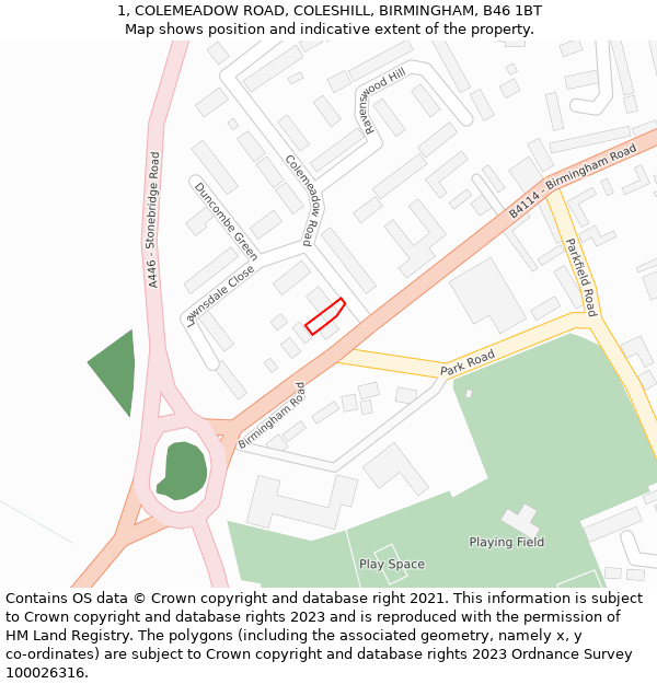 1, COLEMEADOW ROAD, COLESHILL, BIRMINGHAM, B46 1BT: Location map and indicative extent of plot