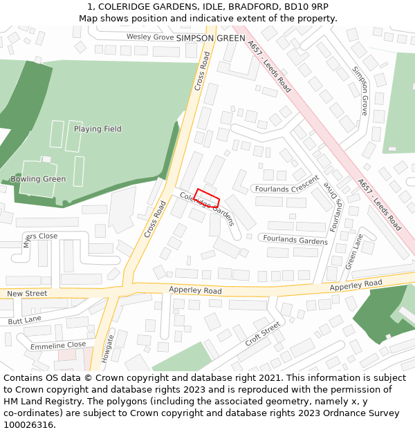 1, COLERIDGE GARDENS, IDLE, BRADFORD, BD10 9RP: Location map and indicative extent of plot