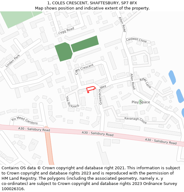 1, COLES CRESCENT, SHAFTESBURY, SP7 8FX: Location map and indicative extent of plot