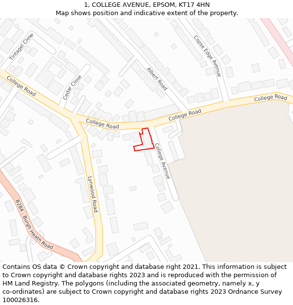 1, COLLEGE AVENUE, EPSOM, KT17 4HN: Location map and indicative extent of plot