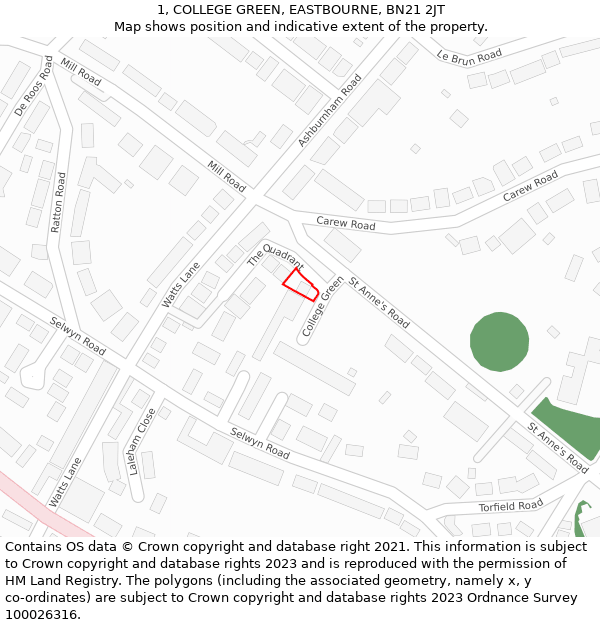 1, COLLEGE GREEN, EASTBOURNE, BN21 2JT: Location map and indicative extent of plot