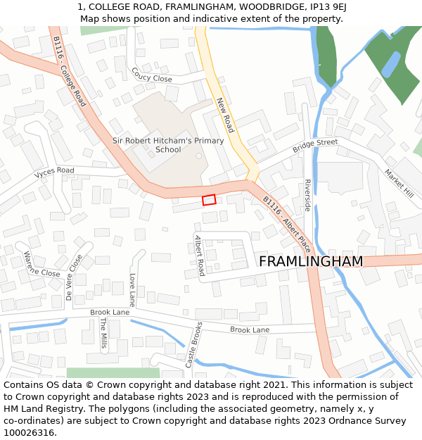 1, COLLEGE ROAD, FRAMLINGHAM, WOODBRIDGE, IP13 9EJ: Location map and indicative extent of plot