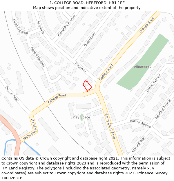 1, COLLEGE ROAD, HEREFORD, HR1 1EE: Location map and indicative extent of plot