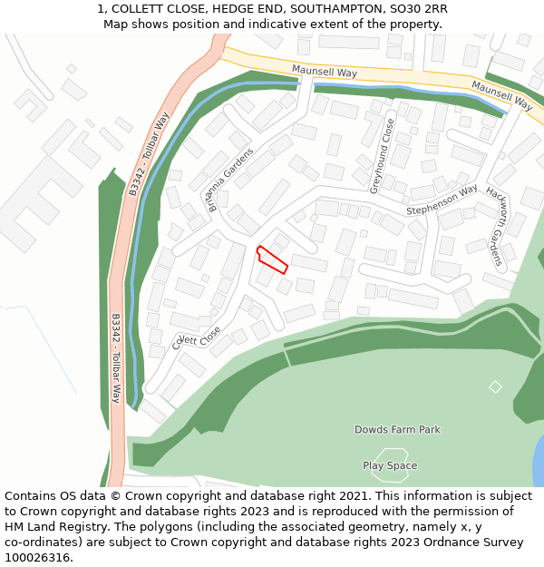 1, COLLETT CLOSE, HEDGE END, SOUTHAMPTON, SO30 2RR: Location map and indicative extent of plot