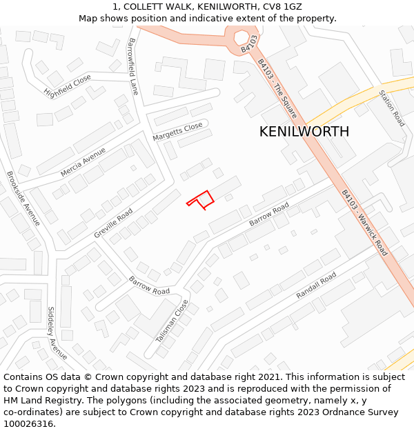 1, COLLETT WALK, KENILWORTH, CV8 1GZ: Location map and indicative extent of plot