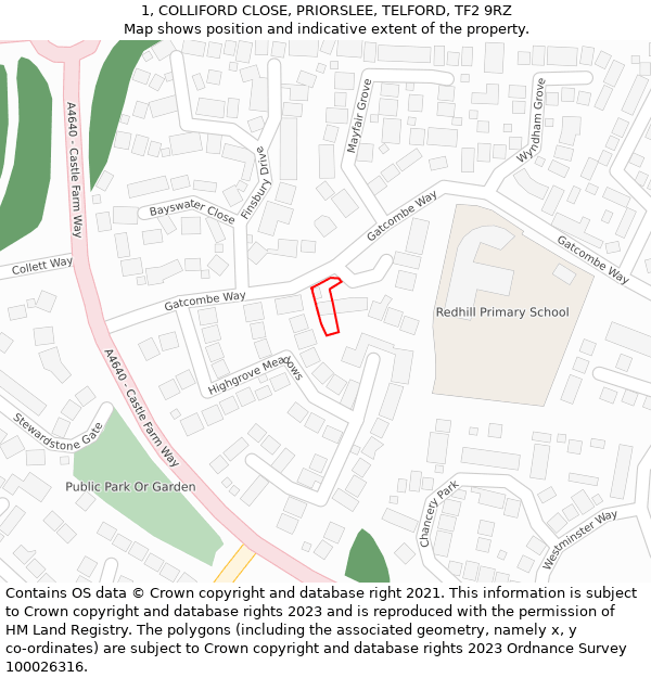 1, COLLIFORD CLOSE, PRIORSLEE, TELFORD, TF2 9RZ: Location map and indicative extent of plot