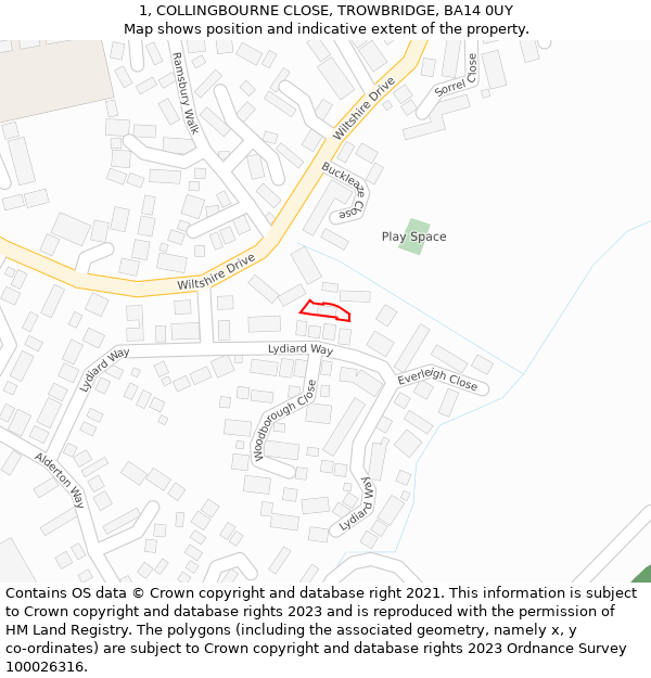 1, COLLINGBOURNE CLOSE, TROWBRIDGE, BA14 0UY: Location map and indicative extent of plot