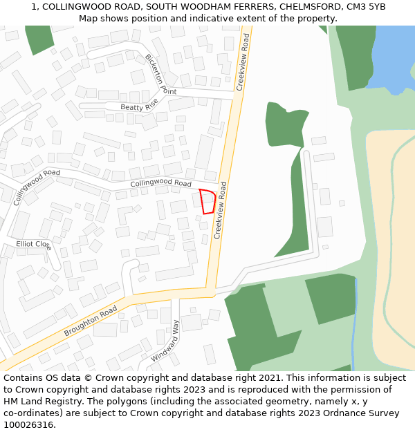 1, COLLINGWOOD ROAD, SOUTH WOODHAM FERRERS, CHELMSFORD, CM3 5YB: Location map and indicative extent of plot