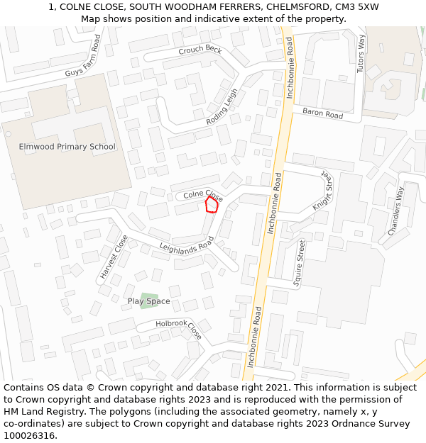 1, COLNE CLOSE, SOUTH WOODHAM FERRERS, CHELMSFORD, CM3 5XW: Location map and indicative extent of plot