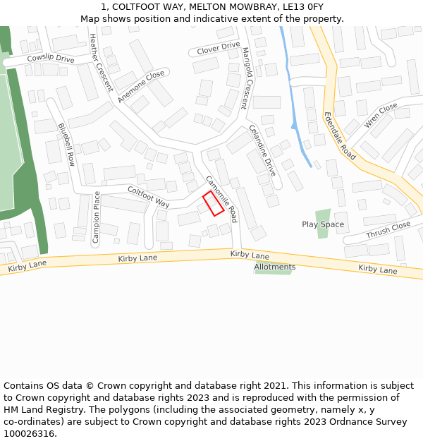 1, COLTFOOT WAY, MELTON MOWBRAY, LE13 0FY: Location map and indicative extent of plot