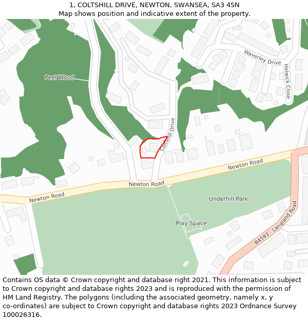 1, COLTSHILL DRIVE, NEWTON, SWANSEA, SA3 4SN: Location map and indicative extent of plot