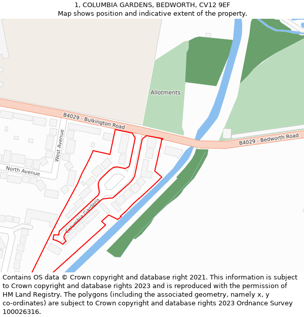 1, COLUMBIA GARDENS, BEDWORTH, CV12 9EF: Location map and indicative extent of plot
