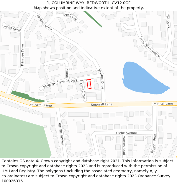 1, COLUMBINE WAY, BEDWORTH, CV12 0GF: Location map and indicative extent of plot