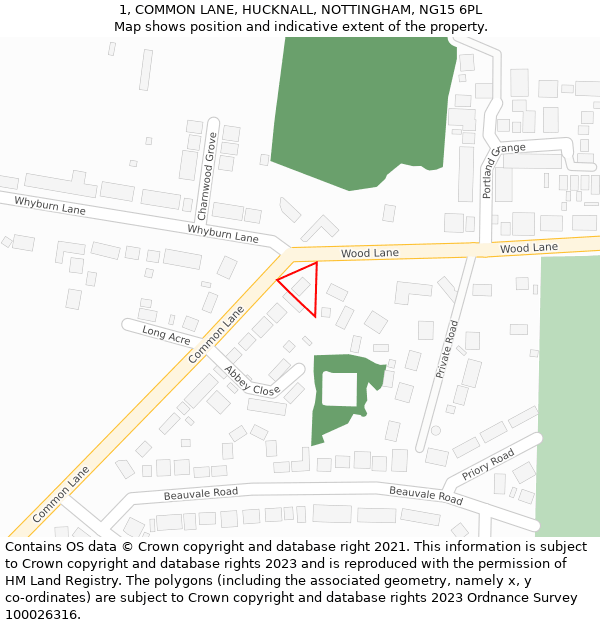1, COMMON LANE, HUCKNALL, NOTTINGHAM, NG15 6PL: Location map and indicative extent of plot