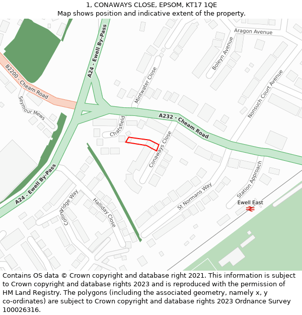 1, CONAWAYS CLOSE, EPSOM, KT17 1QE: Location map and indicative extent of plot