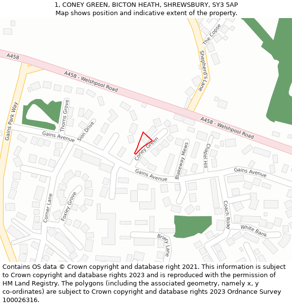 1, CONEY GREEN, BICTON HEATH, SHREWSBURY, SY3 5AP: Location map and indicative extent of plot