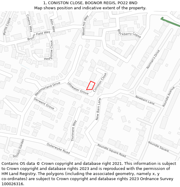 1, CONISTON CLOSE, BOGNOR REGIS, PO22 8ND: Location map and indicative extent of plot